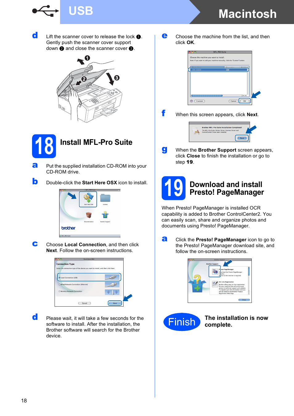 18 install mfl-pro suite, Macintosh usb, Finish | Brother MFC-J615W User Manual | Page 18 / 40
