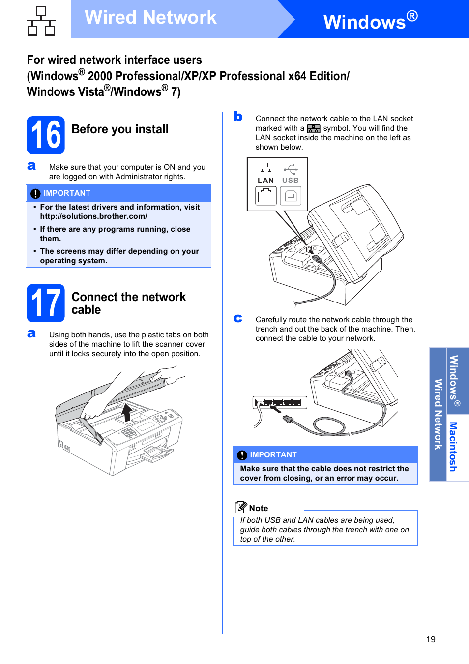 16 before you install, 17 connect the network cable, Windows | Wired network | Brother MFC-J615W User Manual | Page 19 / 40