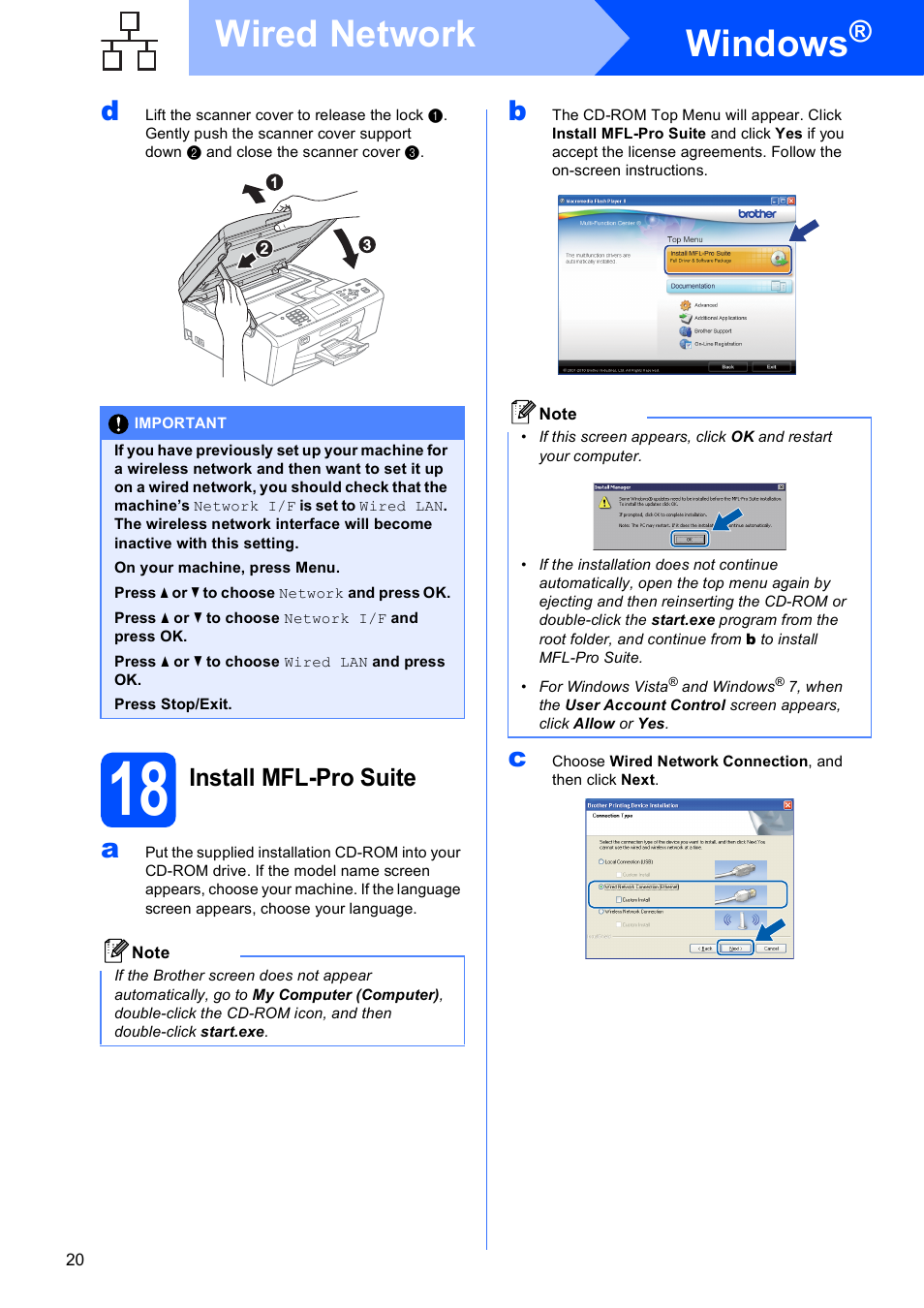 18 install mfl-pro suite, Windows, Wired network | Install mfl-pro suite | Brother MFC-J615W User Manual | Page 20 / 40