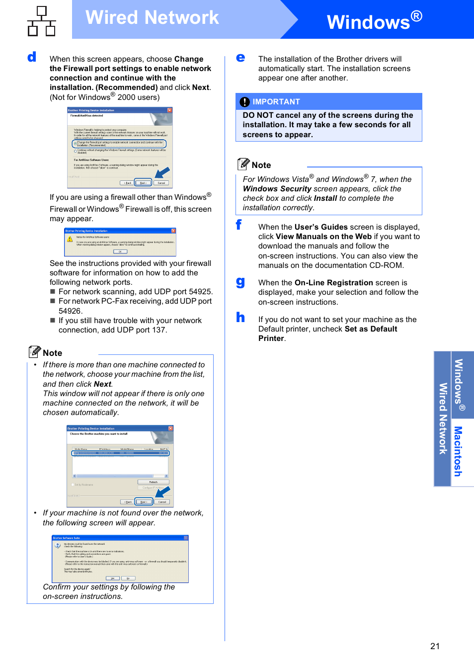 Windows, Wired network | Brother MFC-J615W User Manual | Page 21 / 40