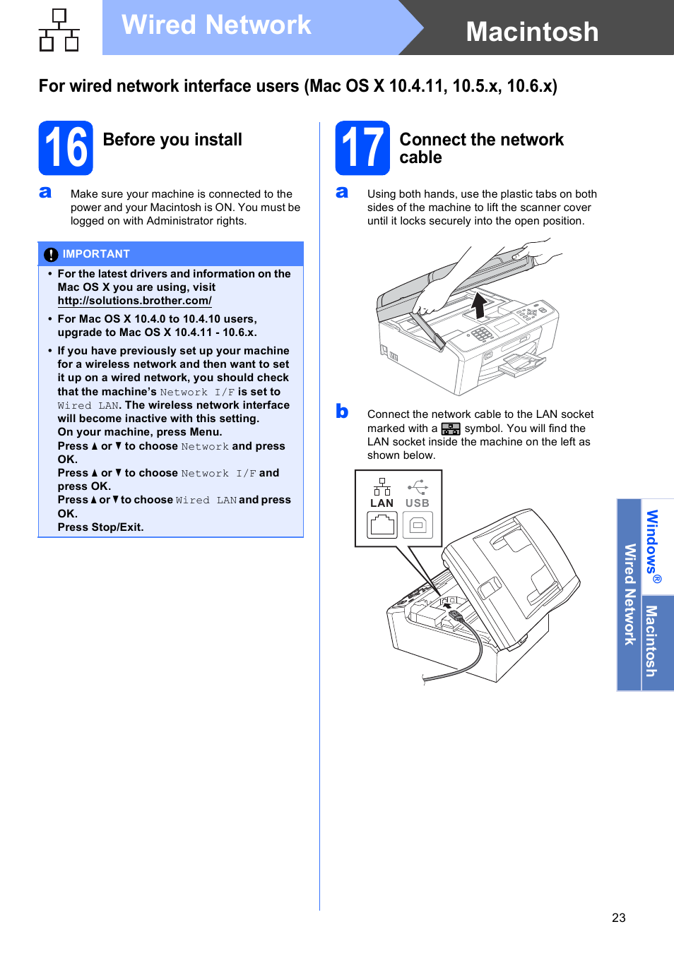 16 before you install, 17 connect the network cable, Macintosh wired network | Brother MFC-J615W User Manual | Page 23 / 40