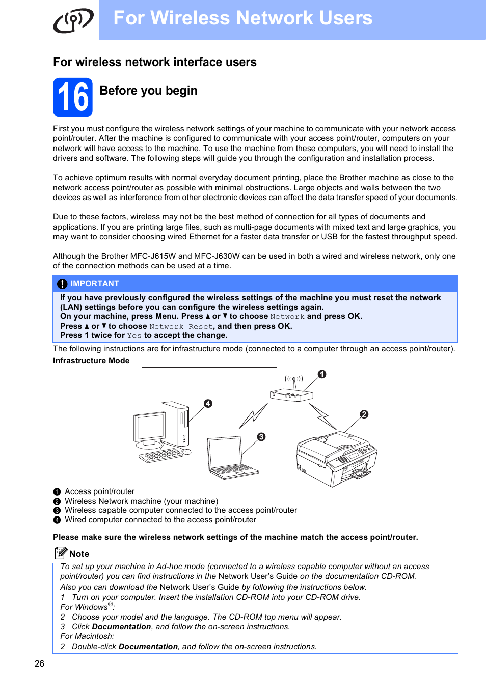 For wireless network interface users, 16 before you begin, For wireless network users | Before you begin | Brother MFC-J615W User Manual | Page 26 / 40