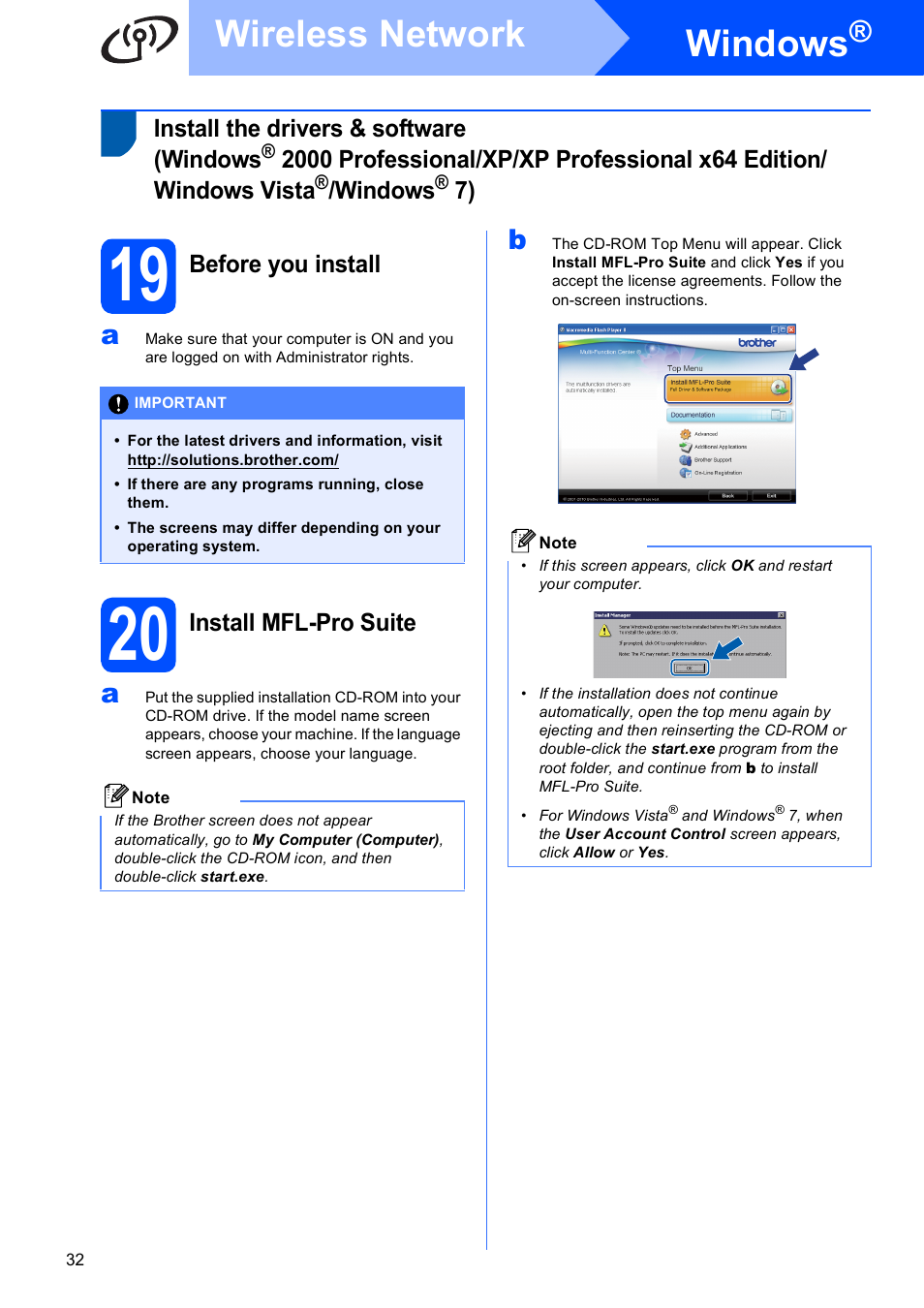 19 before you install, 20 install mfl-pro suite, Windows | Wireless network | Brother MFC-J615W User Manual | Page 32 / 40