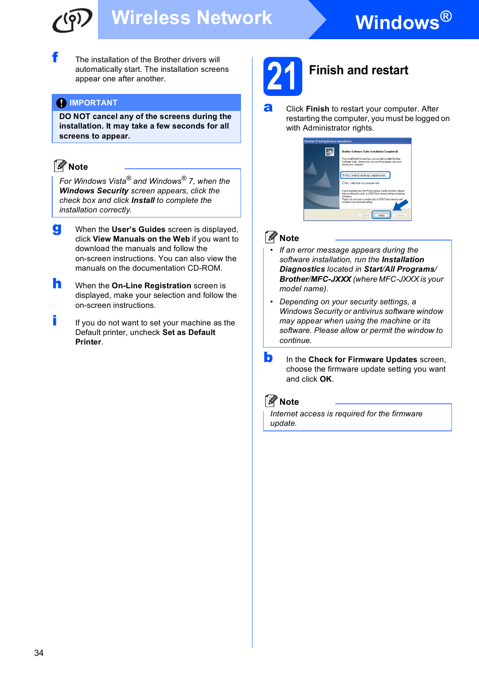 21 finish and restart, Windows, Wireless network | Finish and restart | Brother MFC-J615W User Manual | Page 34 / 40