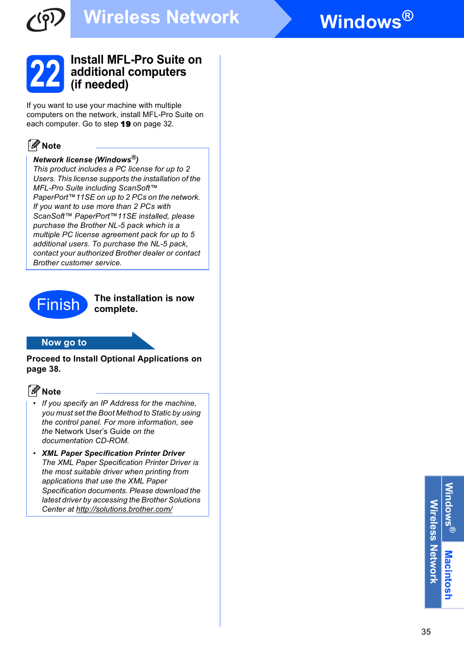 Windows, Wireless network, Finish | Brother MFC-J615W User Manual | Page 35 / 40