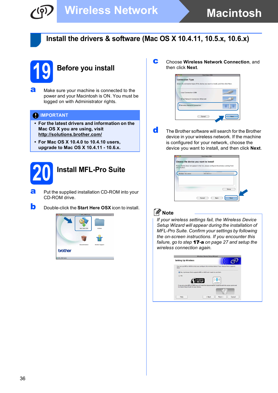 19 before you install, 20 install mfl-pro suite, Macintosh wireless network | Brother MFC-J615W User Manual | Page 36 / 40