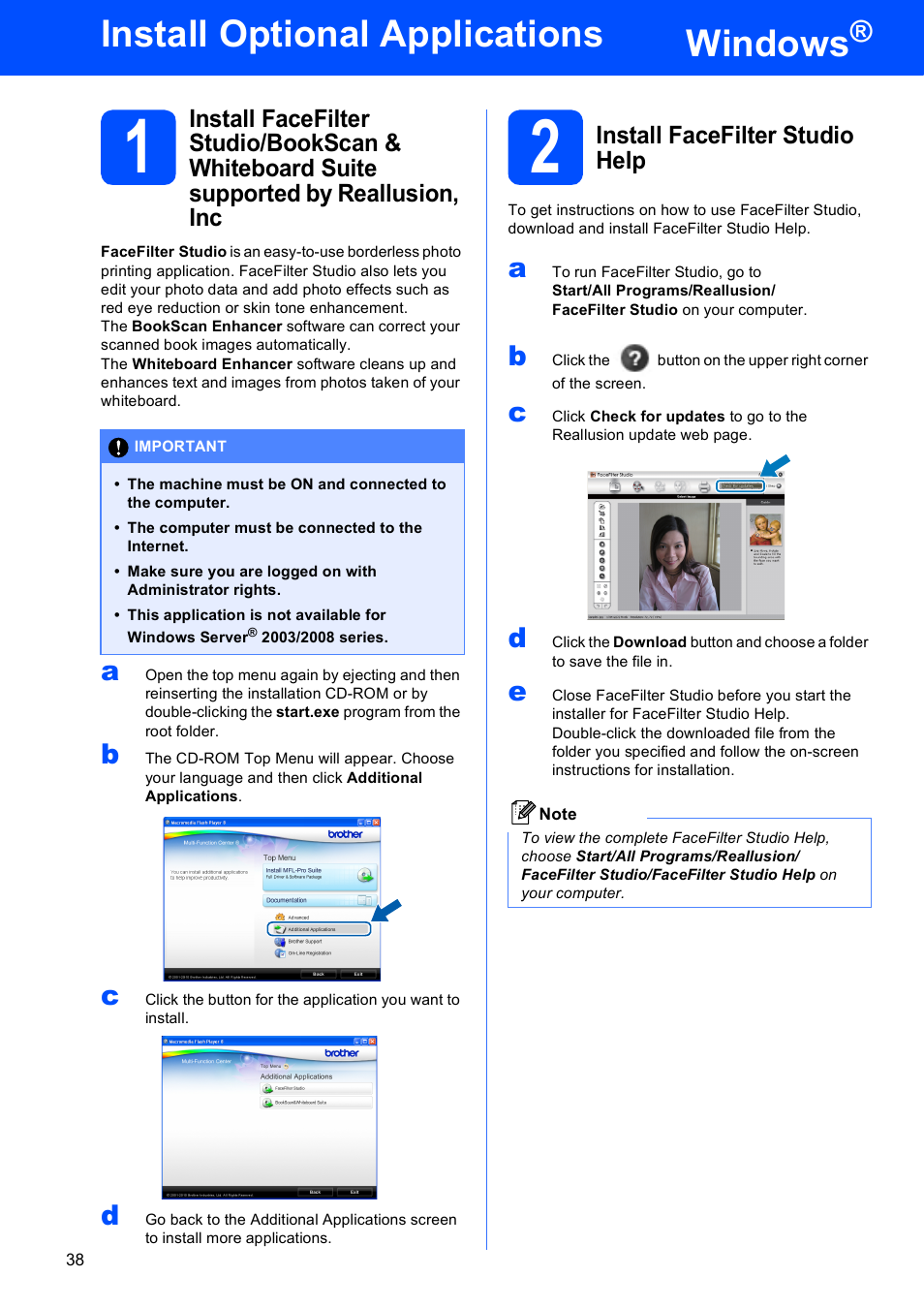 Install optional applications windows, 2 install facefilter studio help, Windows | Install optional applications | Brother MFC-J615W User Manual | Page 38 / 40