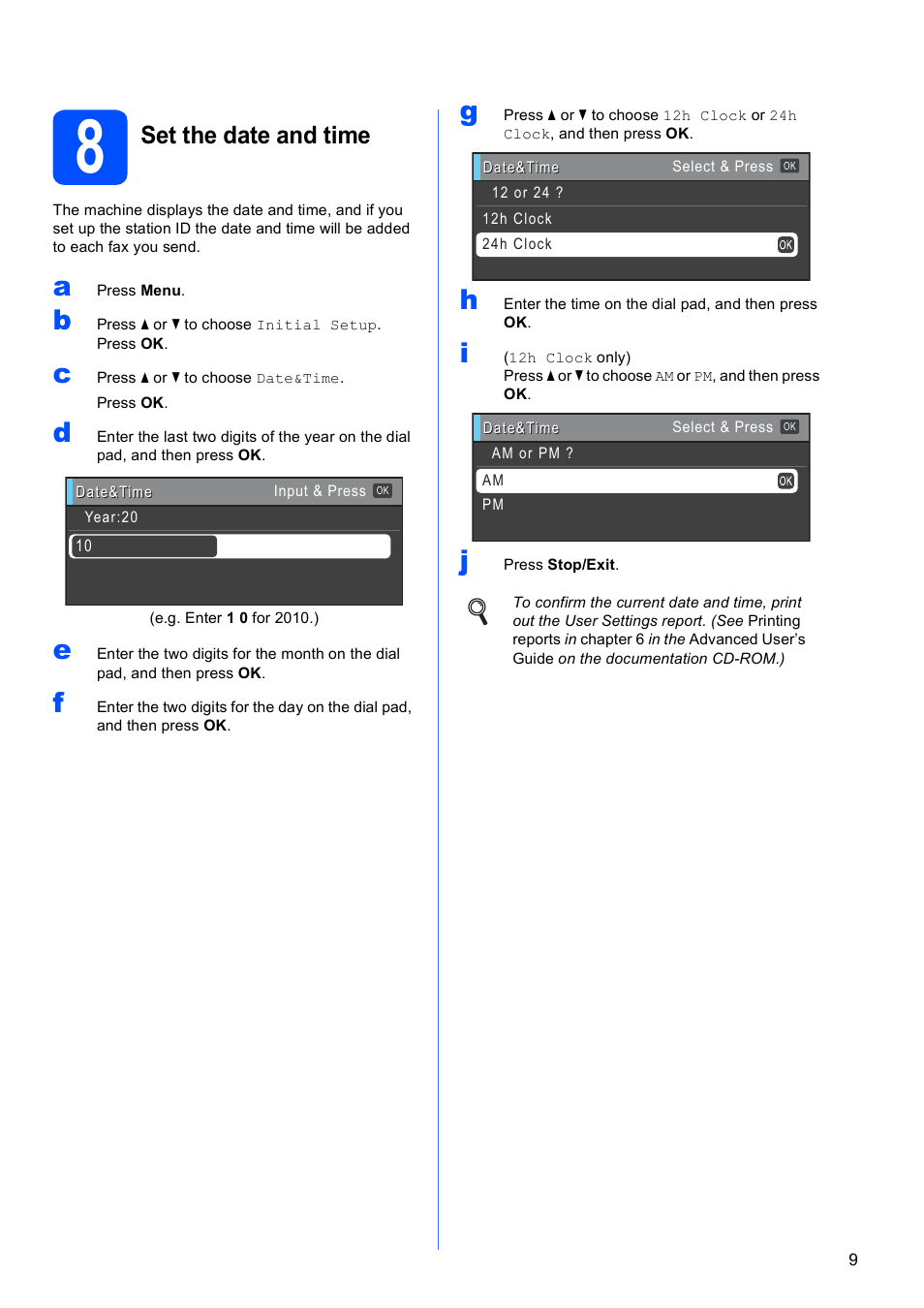 8 set the date and time, Set the date and time | Brother MFC-J615W User Manual | Page 9 / 40