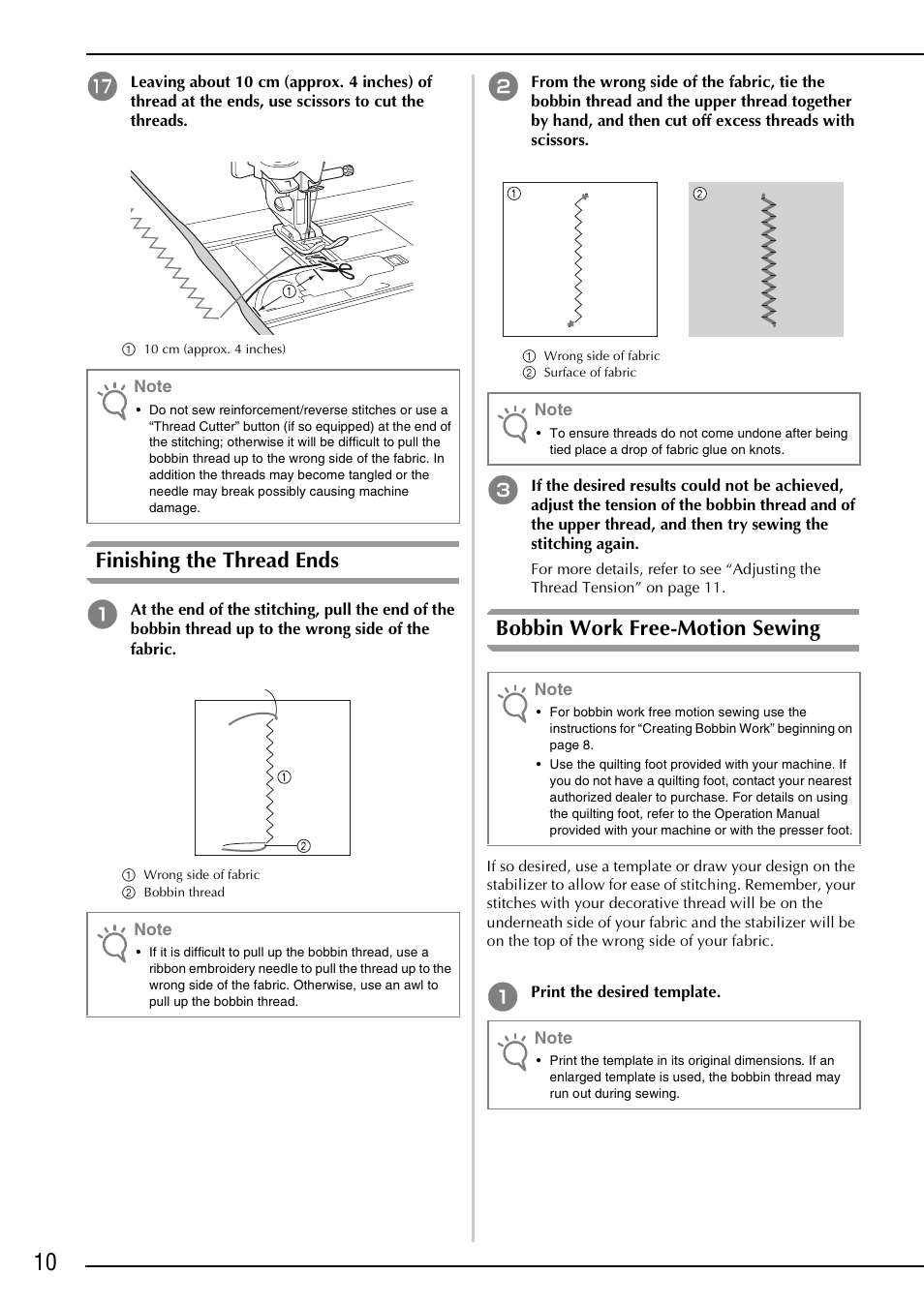 Finishing the thread ends, Bobbin work free-motion sewing | Brother Innov-is 4750D User Manual | Page 12 / 88