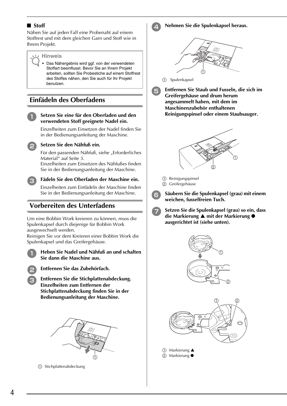 Einfädeln des oberfadens, Vorbereiten des unterfadens | Brother Innov-is 4750D User Manual | Page 18 / 88