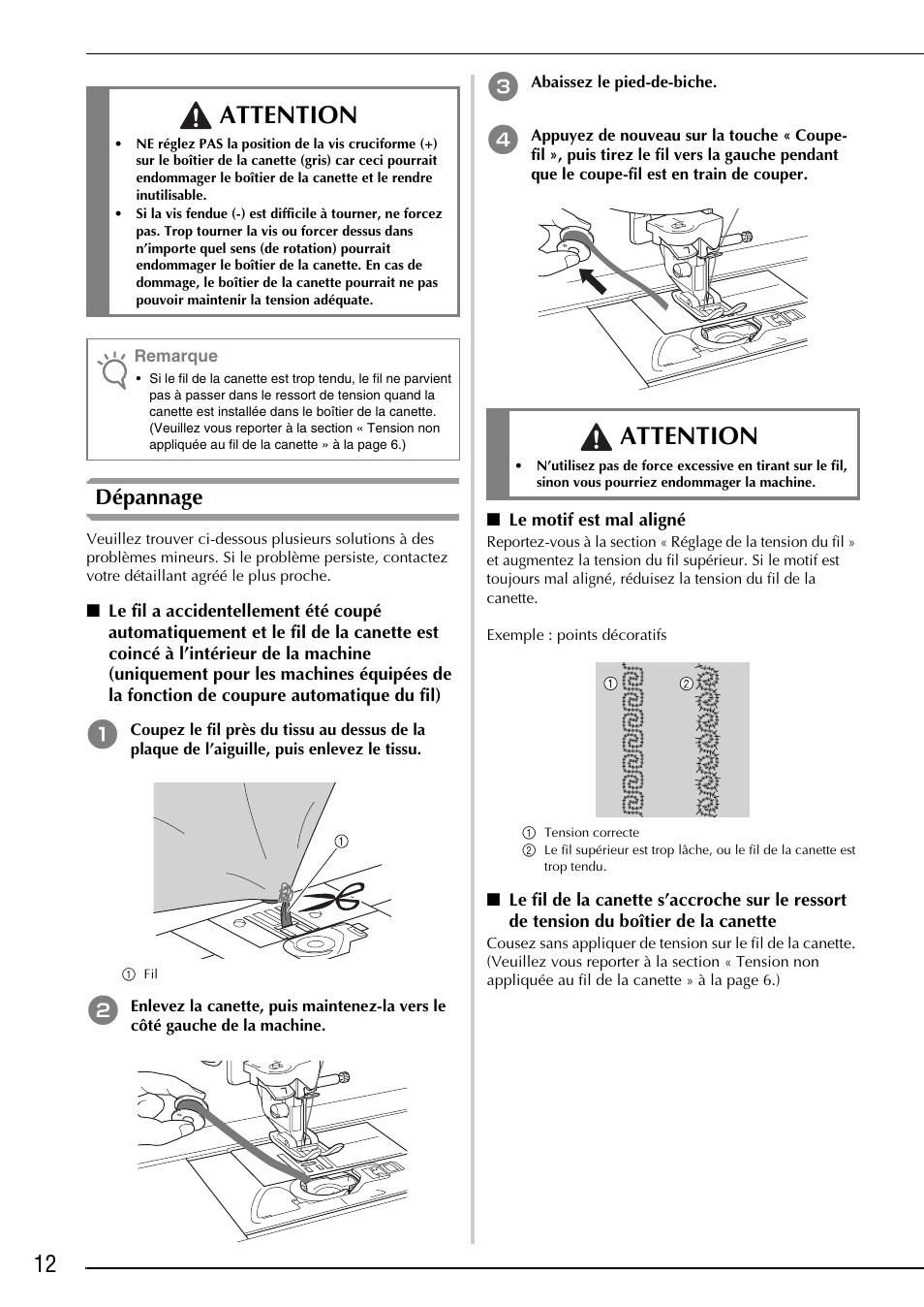 Attention, Dépannage | Brother Innov-is 4750D User Manual | Page 38 / 88