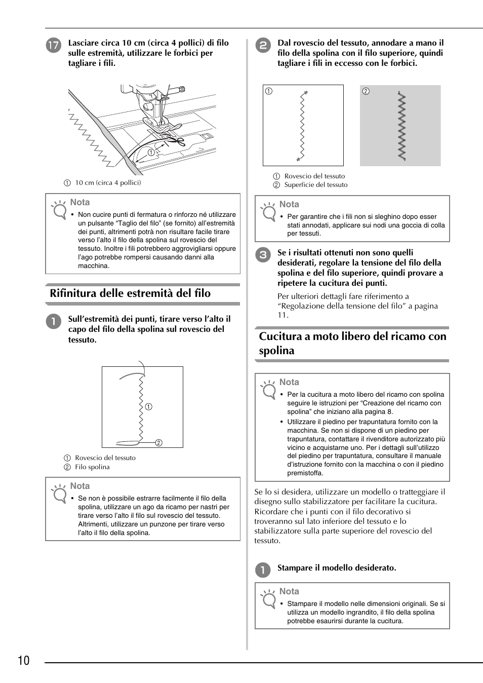 Rifinitura delle estremità del filo, Cucitura a moto libero del ricamo con spolina | Brother Innov-is 4750D User Manual | Page 60 / 88