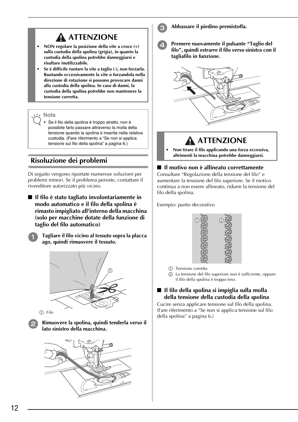 Attenzione, Risoluzione dei problemi | Brother Innov-is 4750D User Manual | Page 62 / 88