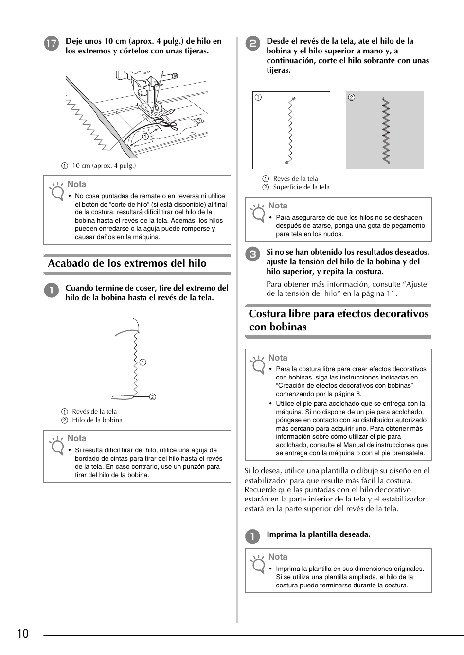 Acabado de los extremos del hilo, Costura libre para efectos decorativos con bobinas | Brother Innov-is 4750D User Manual | Page 72 / 88