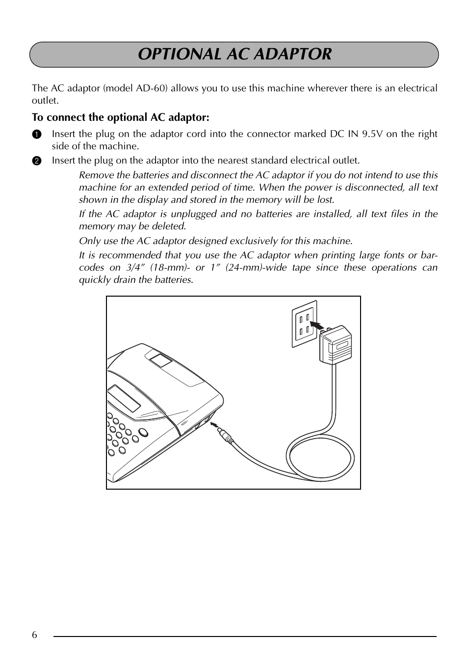 Optional ac adaptor | Brother PT-2410 User Manual | Page 10 / 202