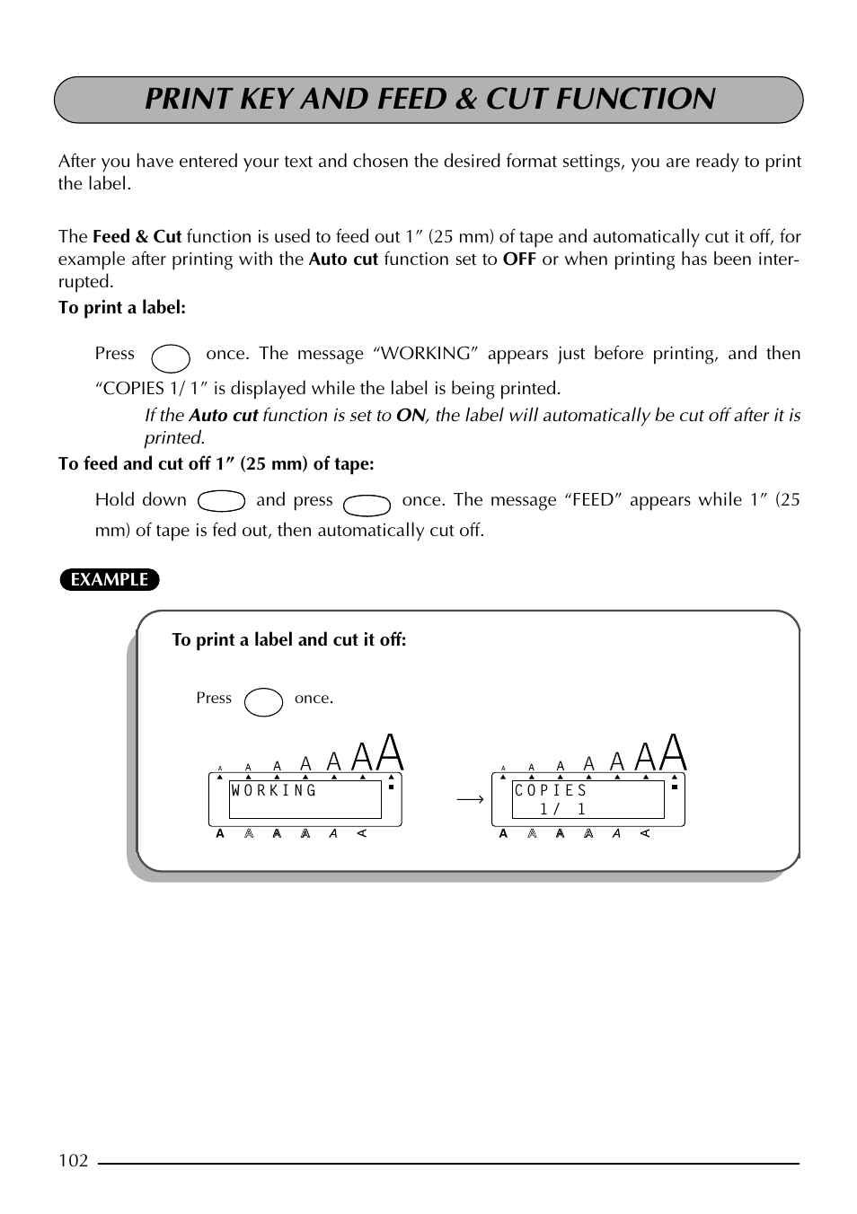 Print key and feed & cut function, Press once | Brother PT-2410 User Manual | Page 106 / 202