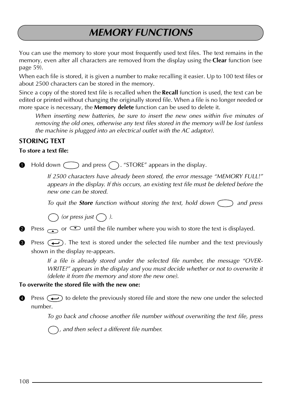 Memory functions, Storing text | Brother PT-2410 User Manual | Page 112 / 202