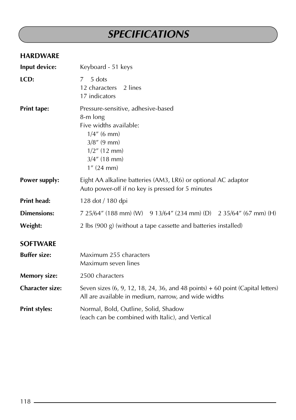 Specifications | Brother PT-2410 User Manual | Page 122 / 202