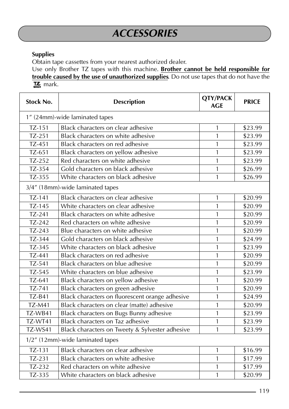 Accessories | Brother PT-2410 User Manual | Page 123 / 202