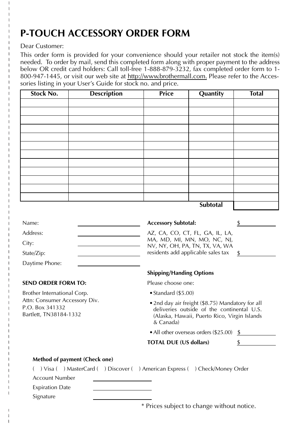 P-touch accessory order form | Brother PT-2410 User Manual | Page 125 / 202