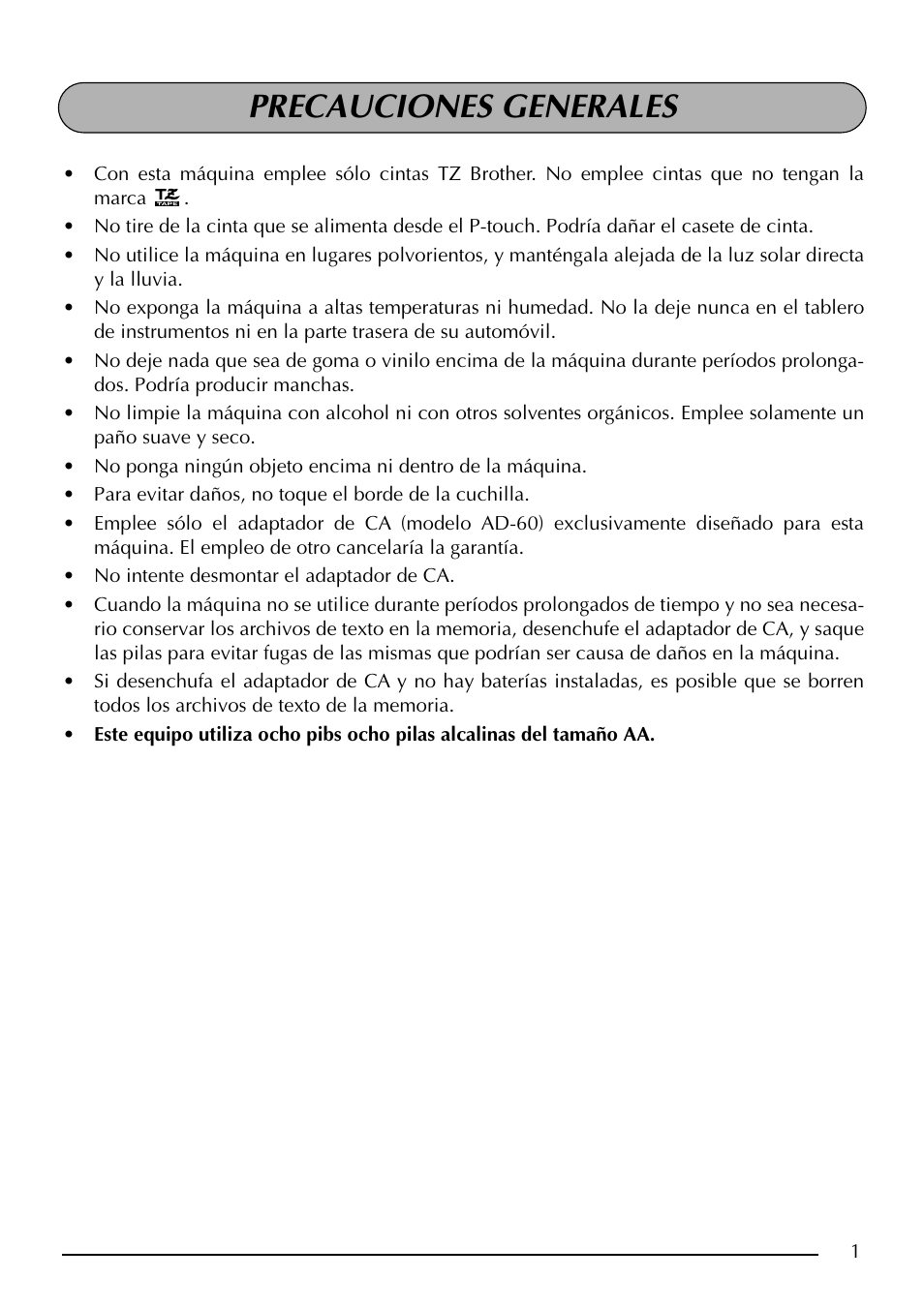 Precauciones generales | Brother PT-2410 User Manual | Page 133 / 202