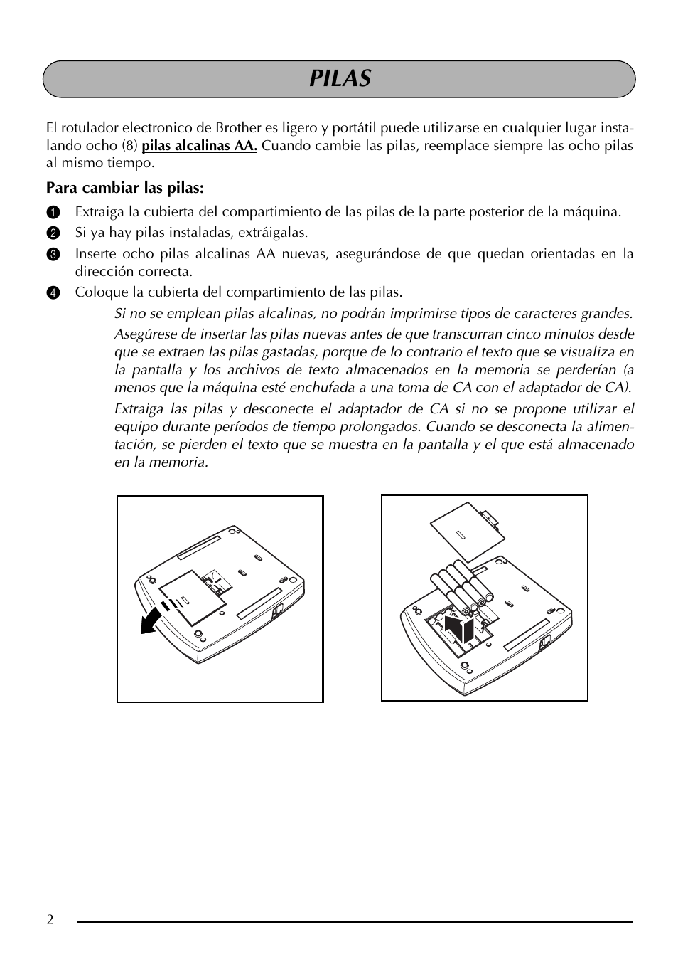 Pilas | Brother PT-2410 User Manual | Page 134 / 202