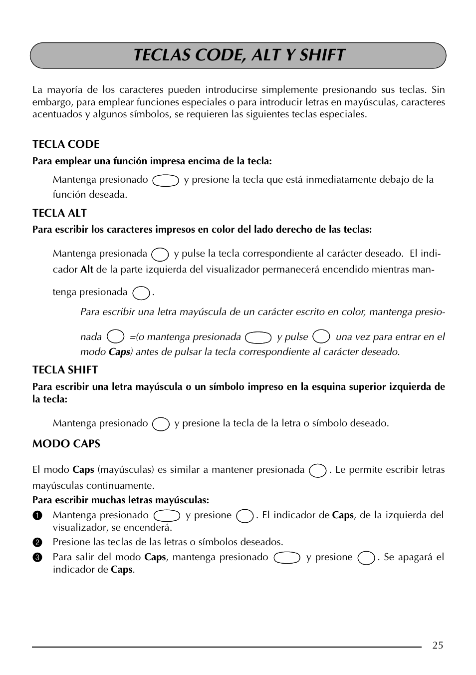 Teclas code, alt y shift, Tecla code, Tecla alt | Tecla shift, Modo caps | Brother PT-2410 User Manual | Page 157 / 202