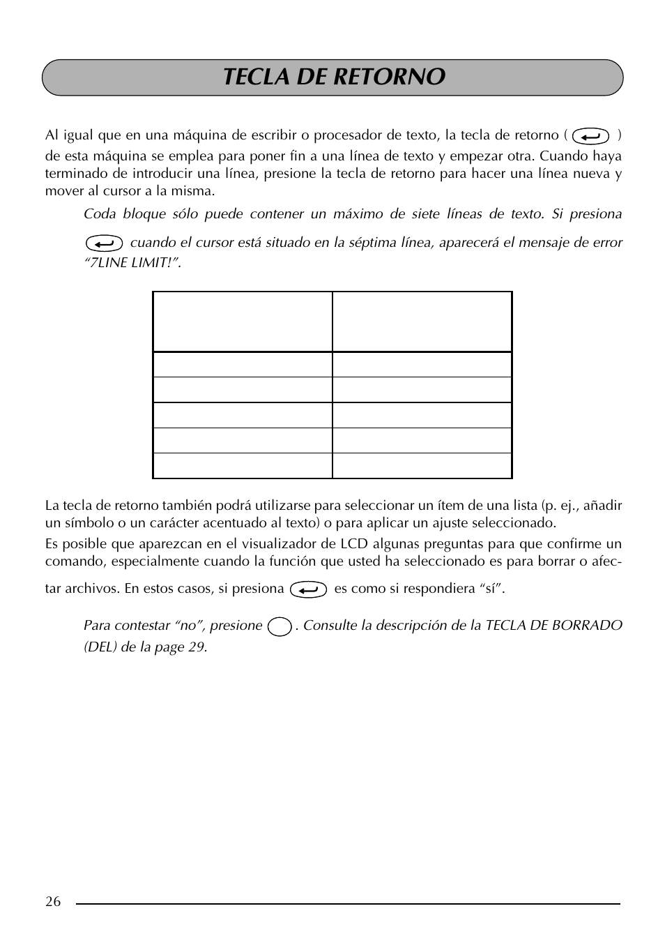 Tecla de retorno | Brother PT-2410 User Manual | Page 158 / 202