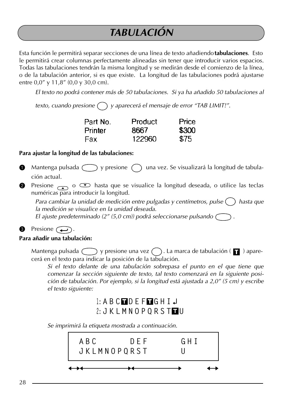 Tabulación | Brother PT-2410 User Manual | Page 160 / 202