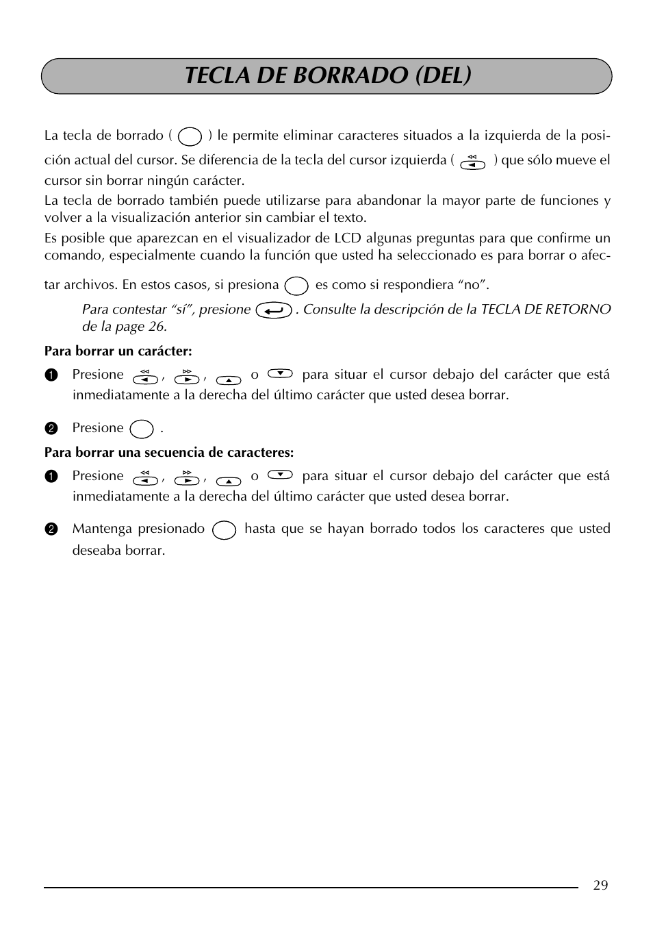 Tecla de borrado (del) | Brother PT-2410 User Manual | Page 161 / 202