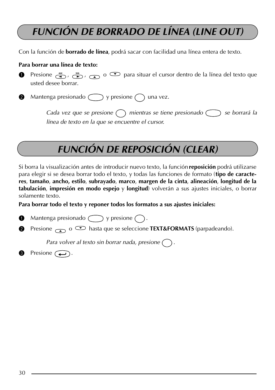 Función de borrado de línea (line out), Función de reposición (clear) | Brother PT-2410 User Manual | Page 162 / 202