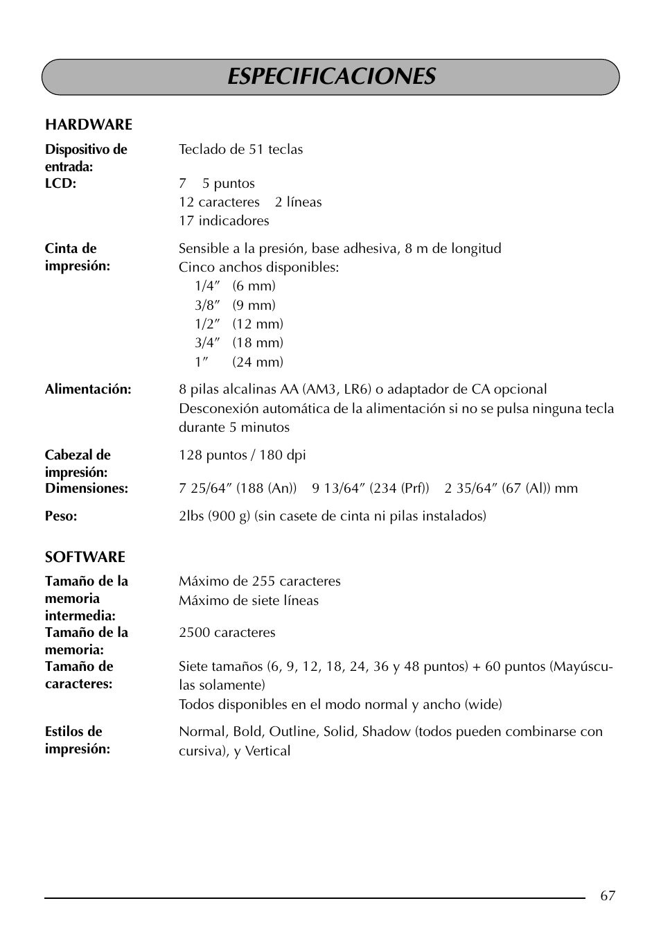 Especificaciones | Brother PT-2410 User Manual | Page 199 / 202