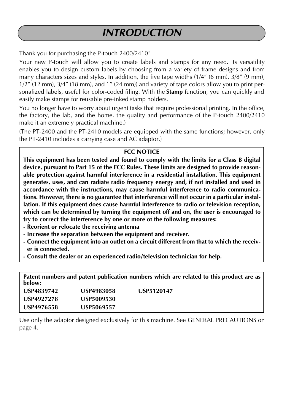 Introduction | Brother PT-2410 User Manual | Page 2 / 202