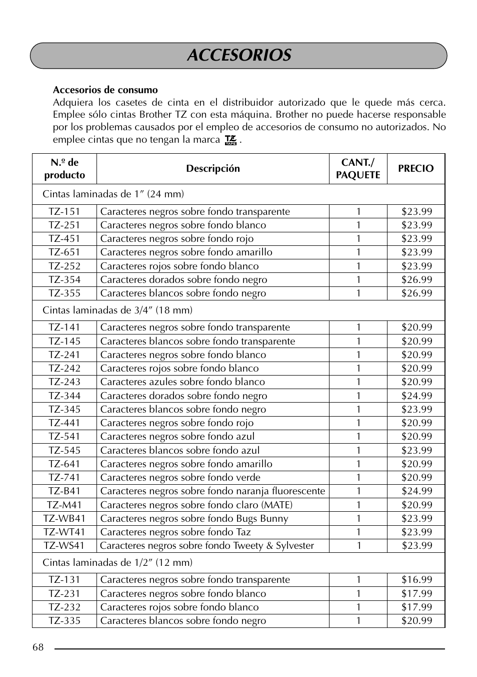 Accesorios | Brother PT-2410 User Manual | Page 200 / 202