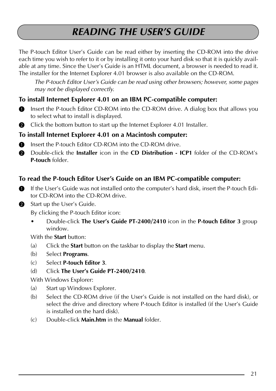 Reading the user’s guide | Brother PT-2410 User Manual | Page 25 / 202