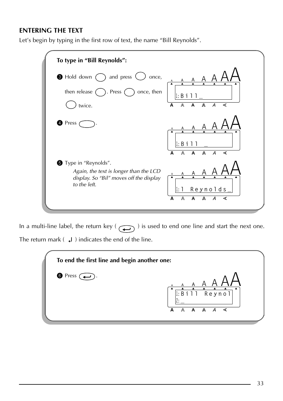 Entering the text, Press | Brother PT-2410 User Manual | Page 37 / 202