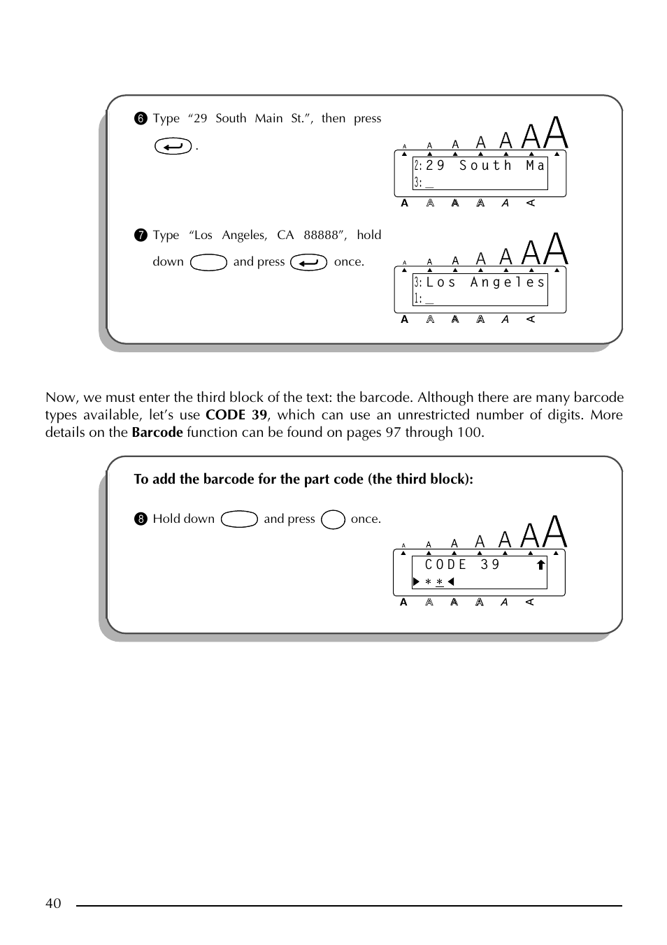 Type “29 south main st.”, then press, Hold down and press once | Brother PT-2410 User Manual | Page 44 / 202