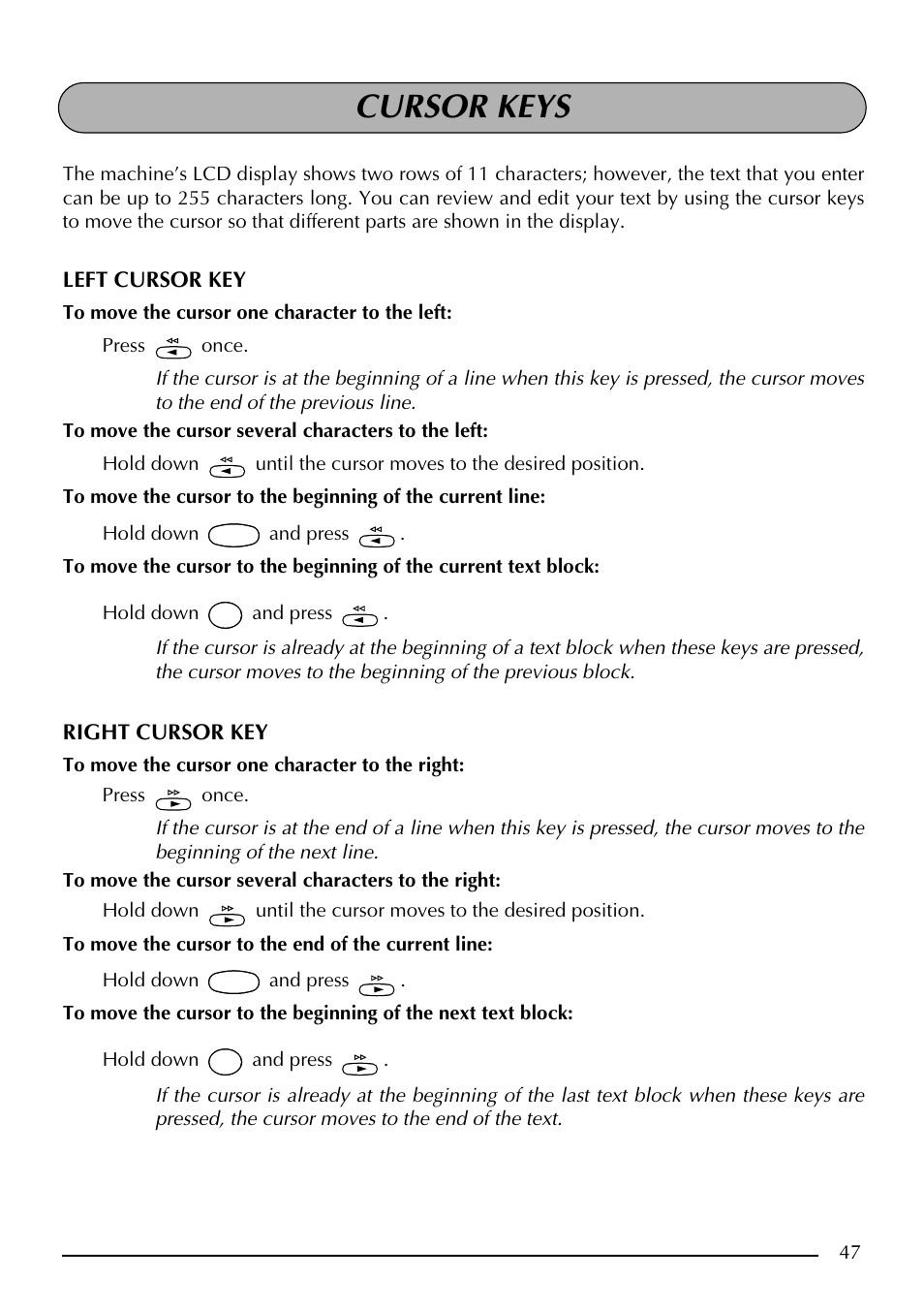 Cursor keys, Left cursor key, Right cursor key | Brother PT-2410 User Manual | Page 51 / 202