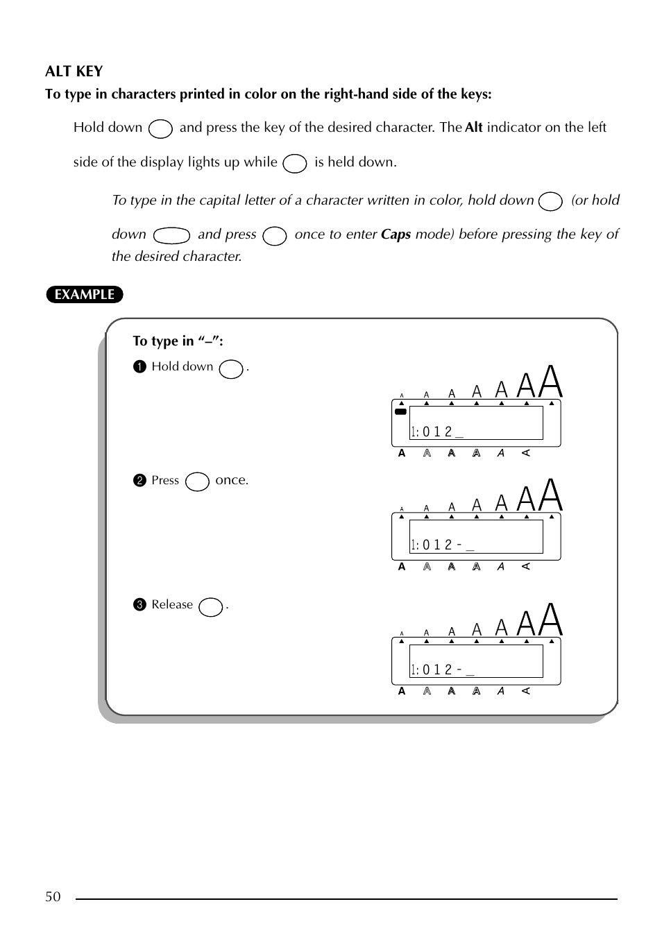 Alt key, Once, Hold down | Press, Release | Brother PT-2410 User Manual | Page 54 / 202