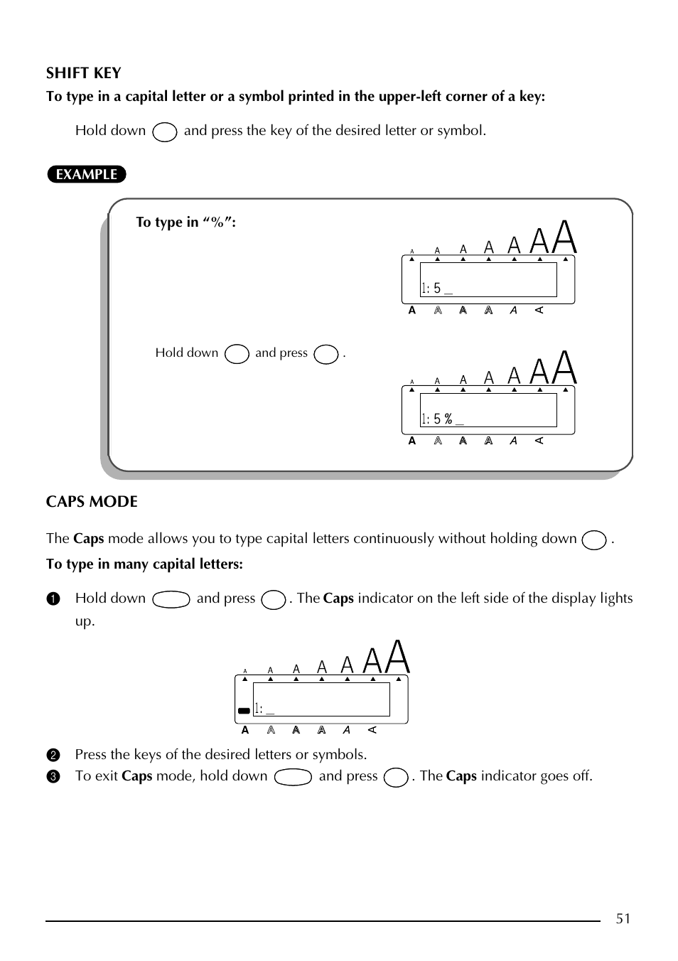 Shift key, Caps mode, Hold down and press | Brother PT-2410 User Manual | Page 55 / 202