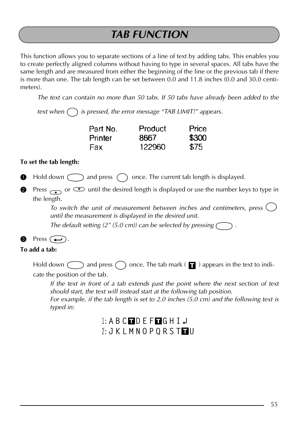 Tab function | Brother PT-2410 User Manual | Page 59 / 202