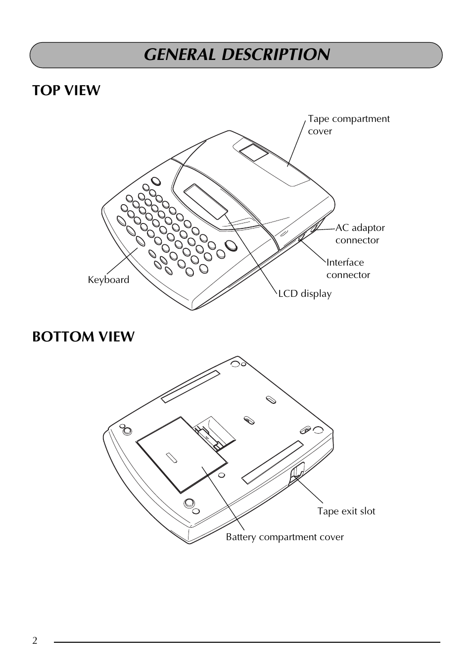 General description, Top view bottom view | Brother PT-2410 User Manual | Page 6 / 202