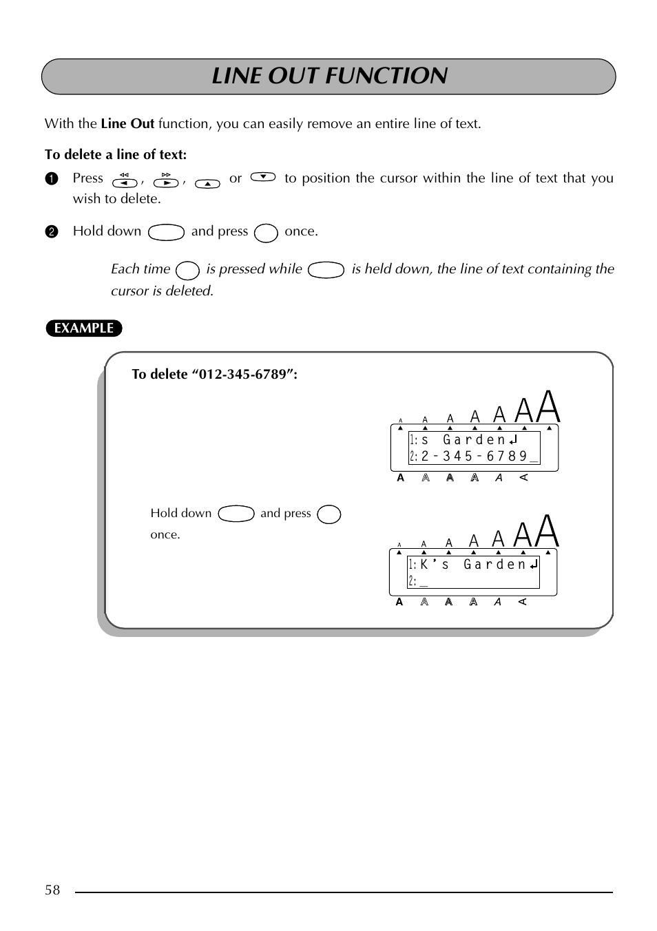 Line out function, Hold down and press once | Brother PT-2410 User Manual | Page 62 / 202