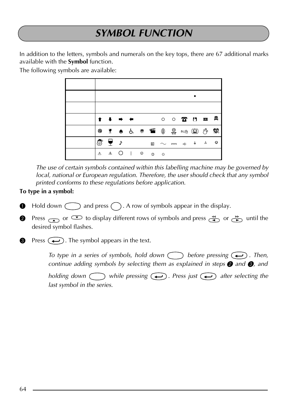 Symbol function | Brother PT-2410 User Manual | Page 68 / 202