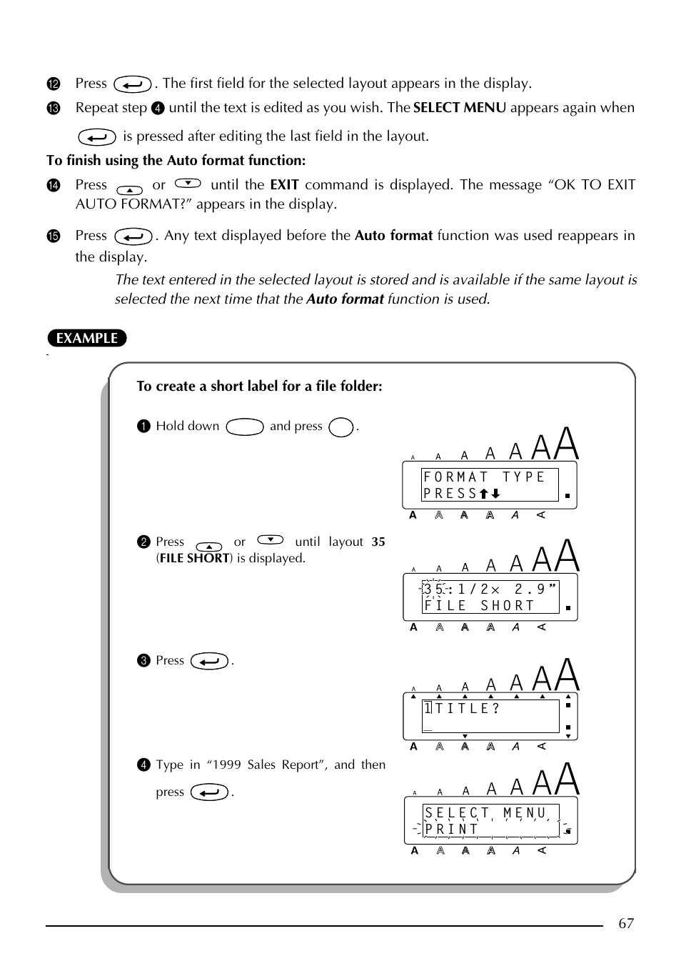 Hold down and press, Press, Type in “1999 sales report”, and then press | Brother PT-2410 User Manual | Page 71 / 202