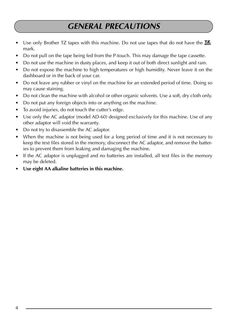 General precautions | Brother PT-2410 User Manual | Page 8 / 202