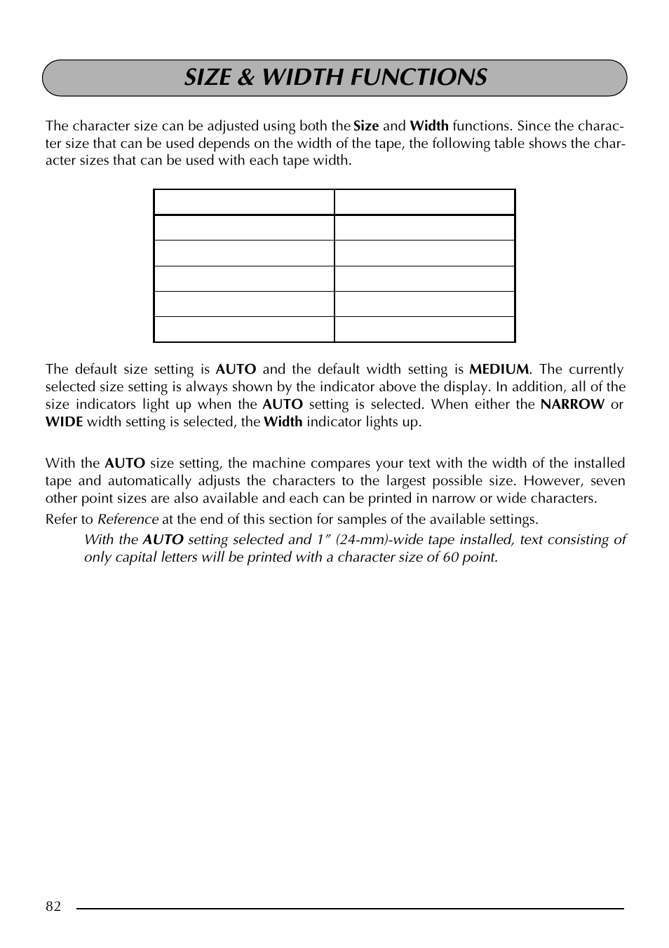 Size & width functions | Brother PT-2410 User Manual | Page 86 / 202