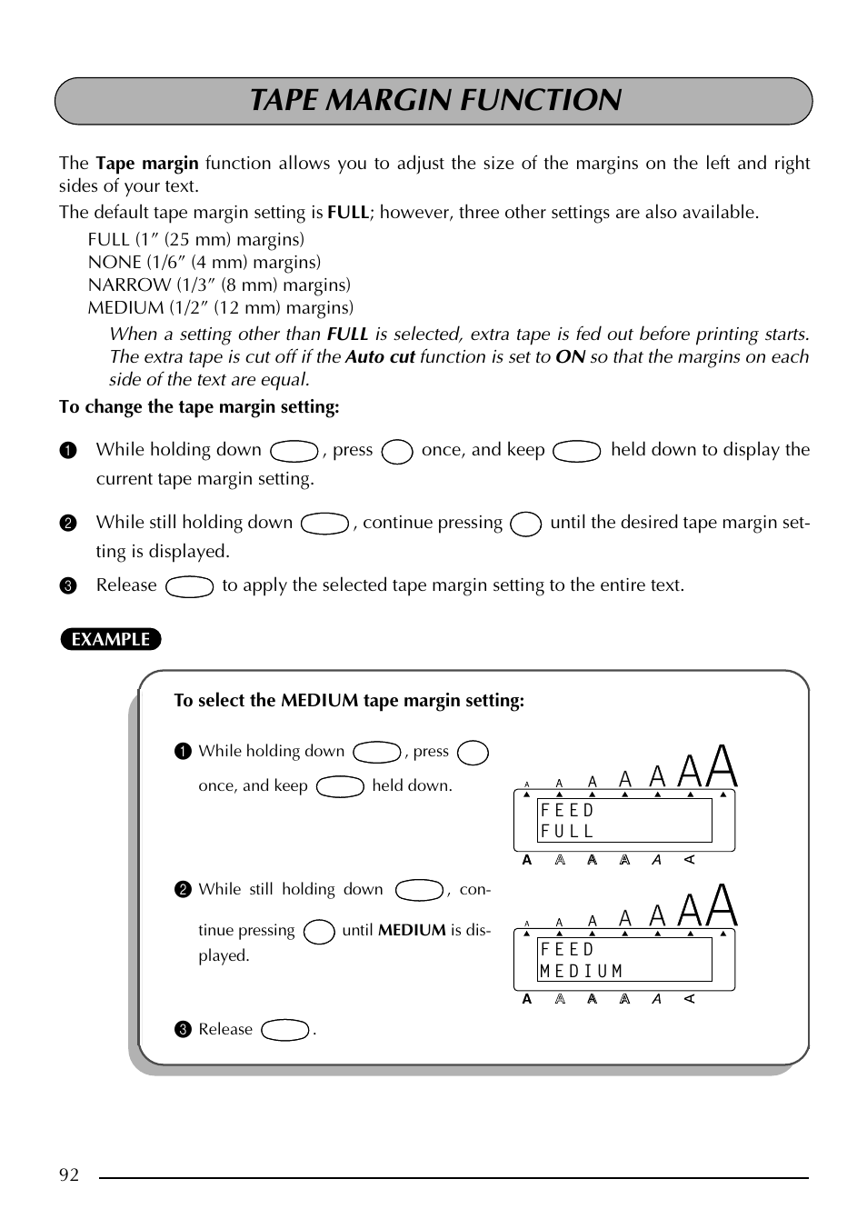 Tape margin function, F e e d, F u l l | Brother PT-2410 User Manual | Page 96 / 202