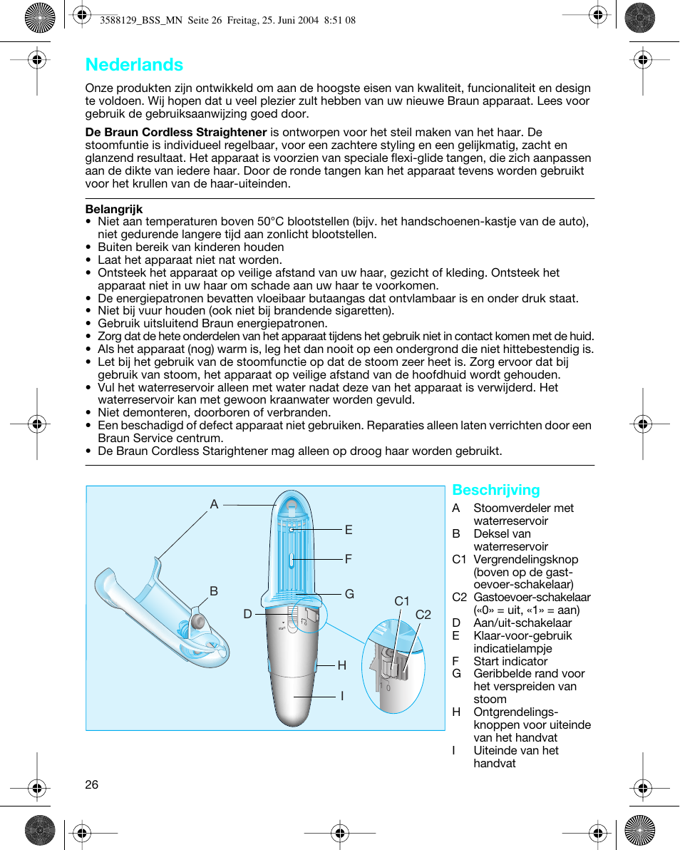 Nederlands, Beschrijving | Braun BSS Cordless Straightener User Manual | Page 24 / 51