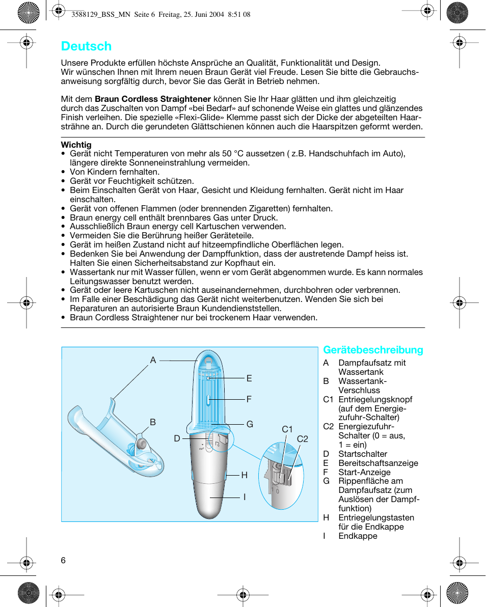 Deutsch, Gerätebeschreibung | Braun BSS Cordless Straightener User Manual | Page 4 / 51